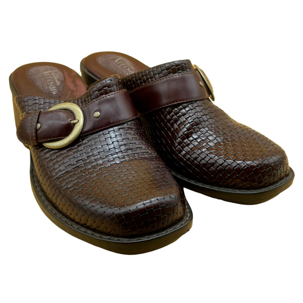 Clarks Womens Artisan Collection Clogs Shoes Burgundy Leather Slip On Woven 7.5M